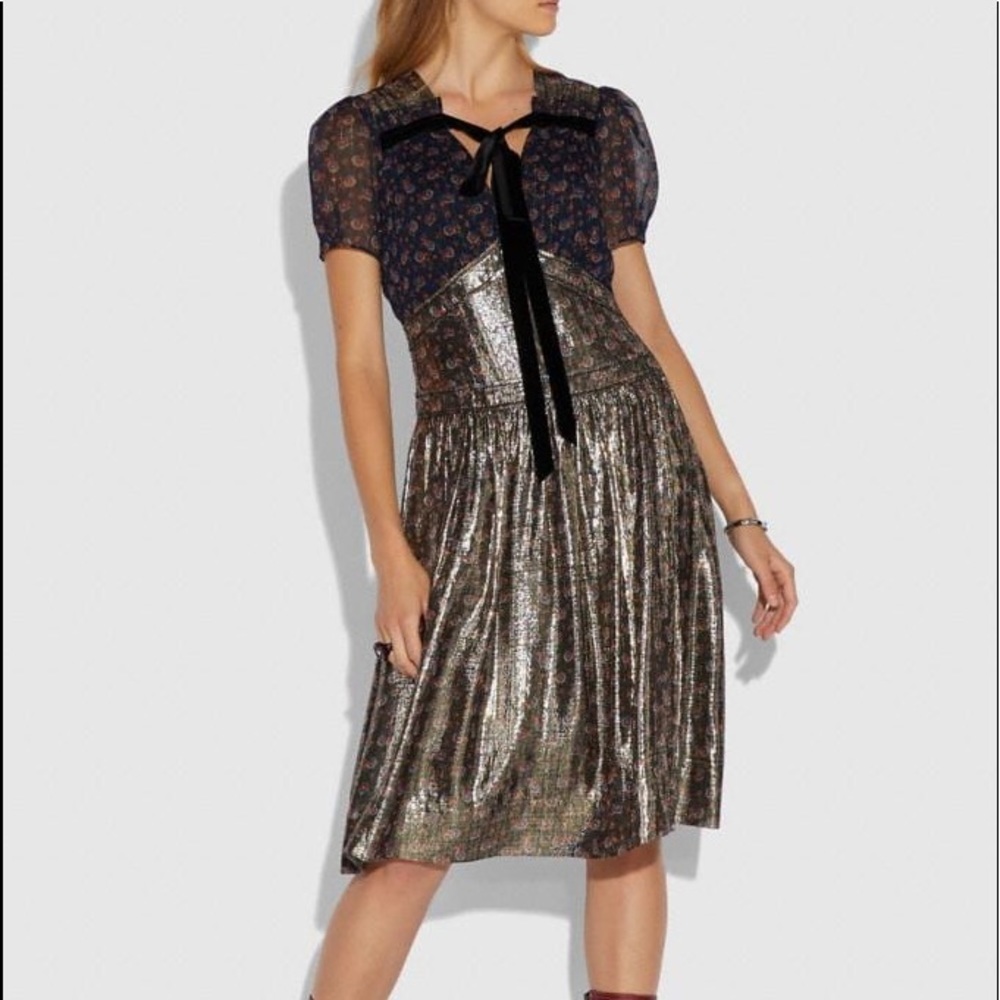 Coach Daisy print gold metallic silk dress new size 6
